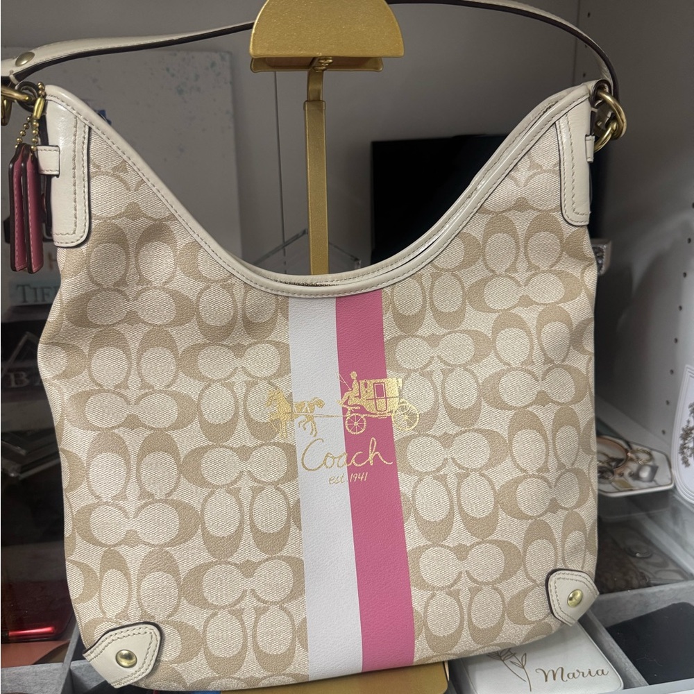 Coach Cream and Pink Shoulder Bag with Signature Monogram